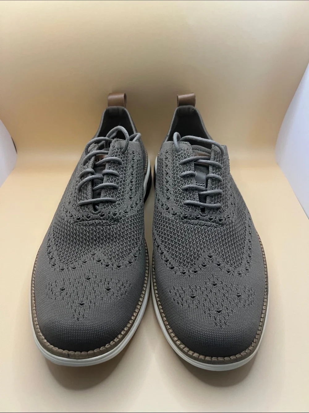 Cole Haan Gray Knit Wingtip Derby with Brown Heel Tabs